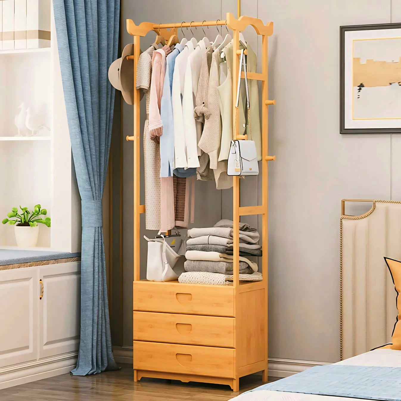 Wooden Multi-Layer Alna with 8 Side Hooks & 3 Drawers – Perfect Cloth Organizer for Bedroom