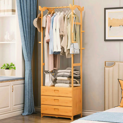 Wooden Multi-Layer Alna with 8 Side Hooks & 3 Drawers – Perfect Cloth Organizer for Bedroom