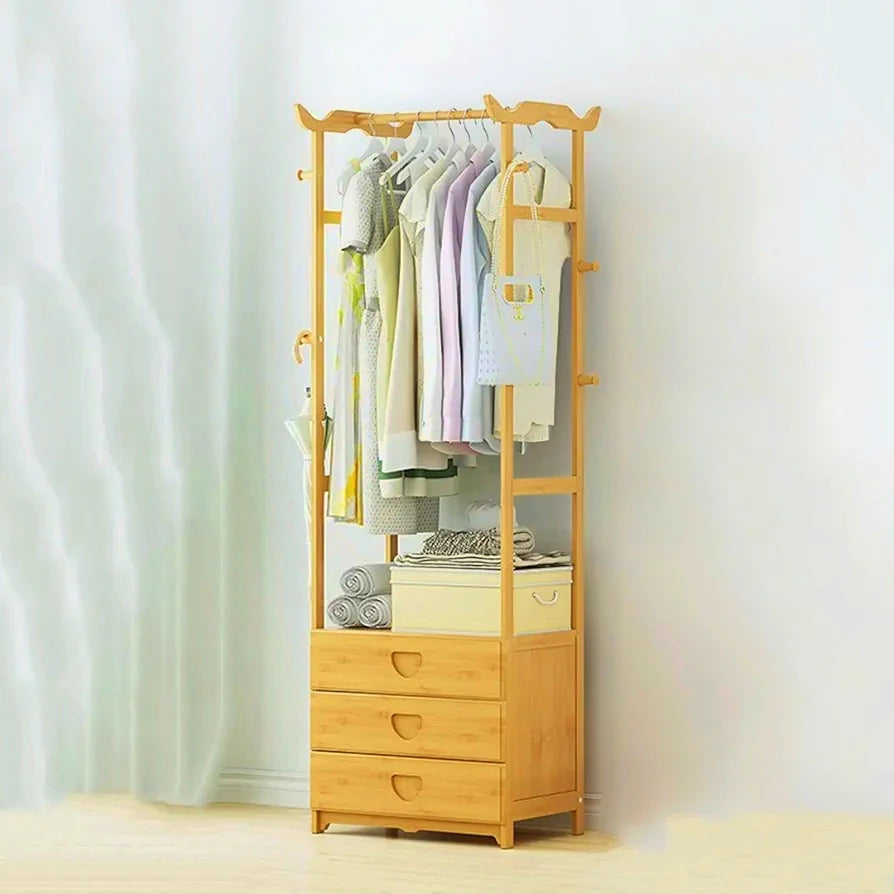 Wooden Multi-Layer Alna with 8 Side Hooks & 3 Drawers – Perfect Cloth Organizer for Bedroom