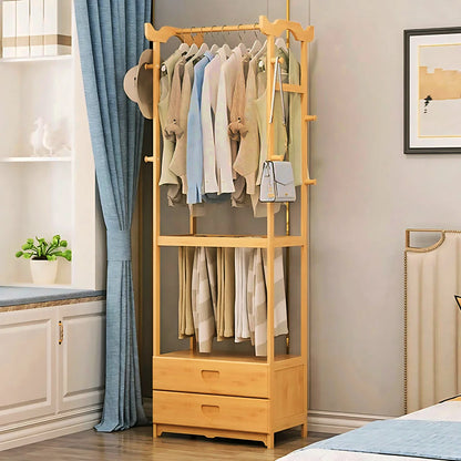 Premium Wooden Multi-Layer Alna with 8 Side Hooks & 2 Drawers – Elegant Bedroom Cloth Organizer
