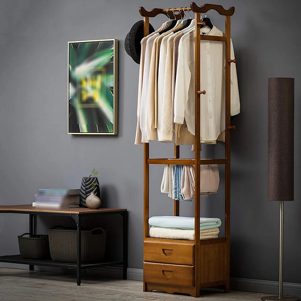 Premium Wooden Multi-Layer Alna with 8 Side Hooks & 2 Drawers – Elegant Bedroom Cloth Organizer