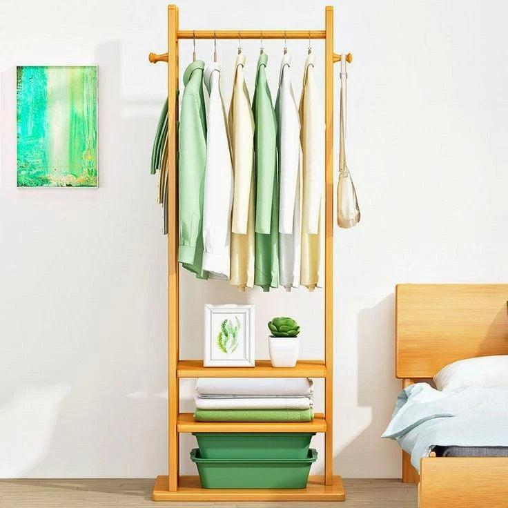 Wooden Multi-Layer Alna with Side Hooks & Double Shelves | Bedroom Cloth Stand