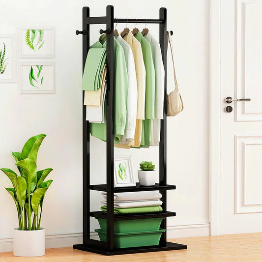 Wooden Multi-Layer Alna with Side Hooks & Double Shelves | Bedroom Cloth Stand