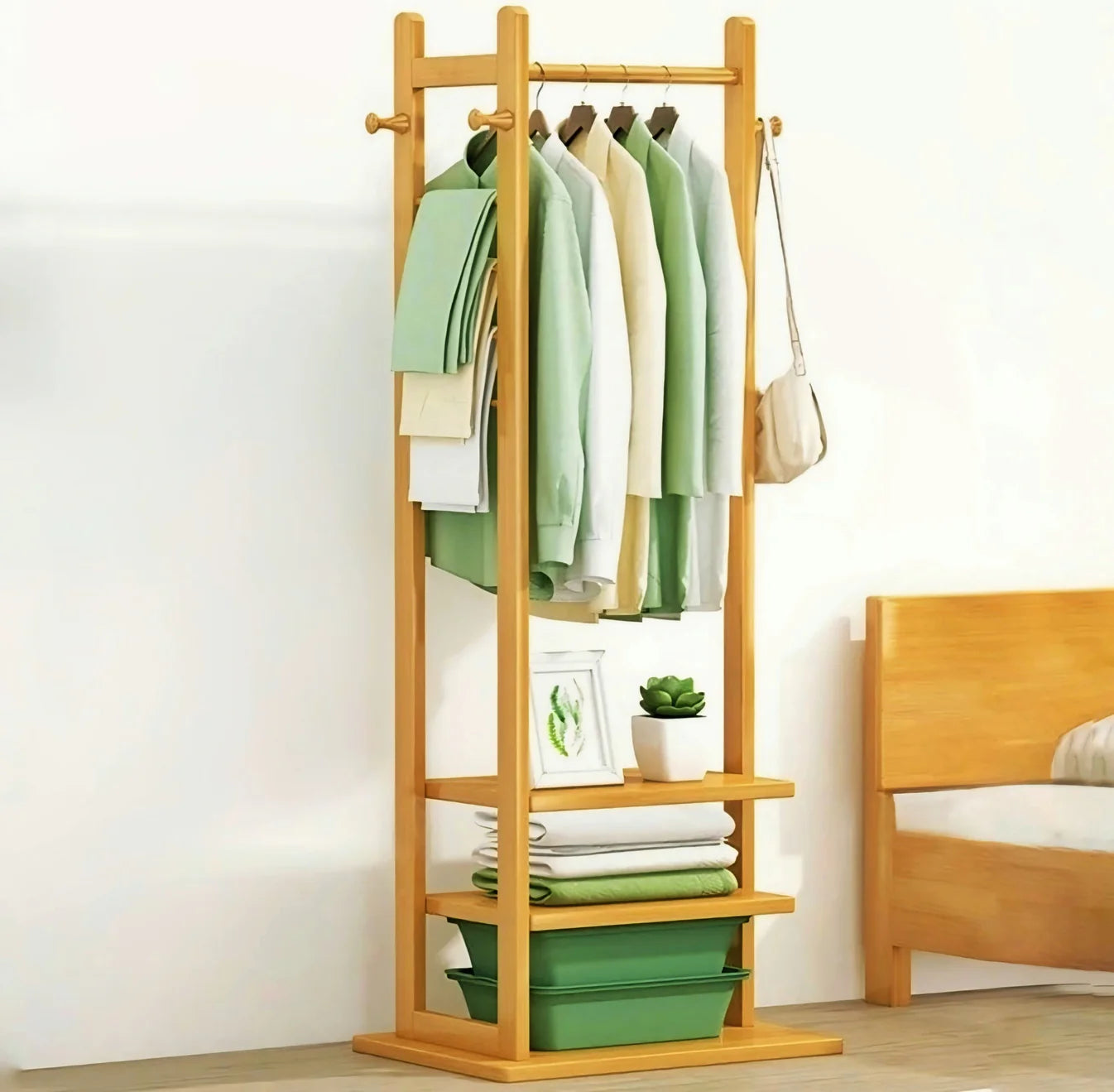 Wooden Multi-Layer Alna with Side Hooks & Double Shelves | Bedroom Cloth Stand