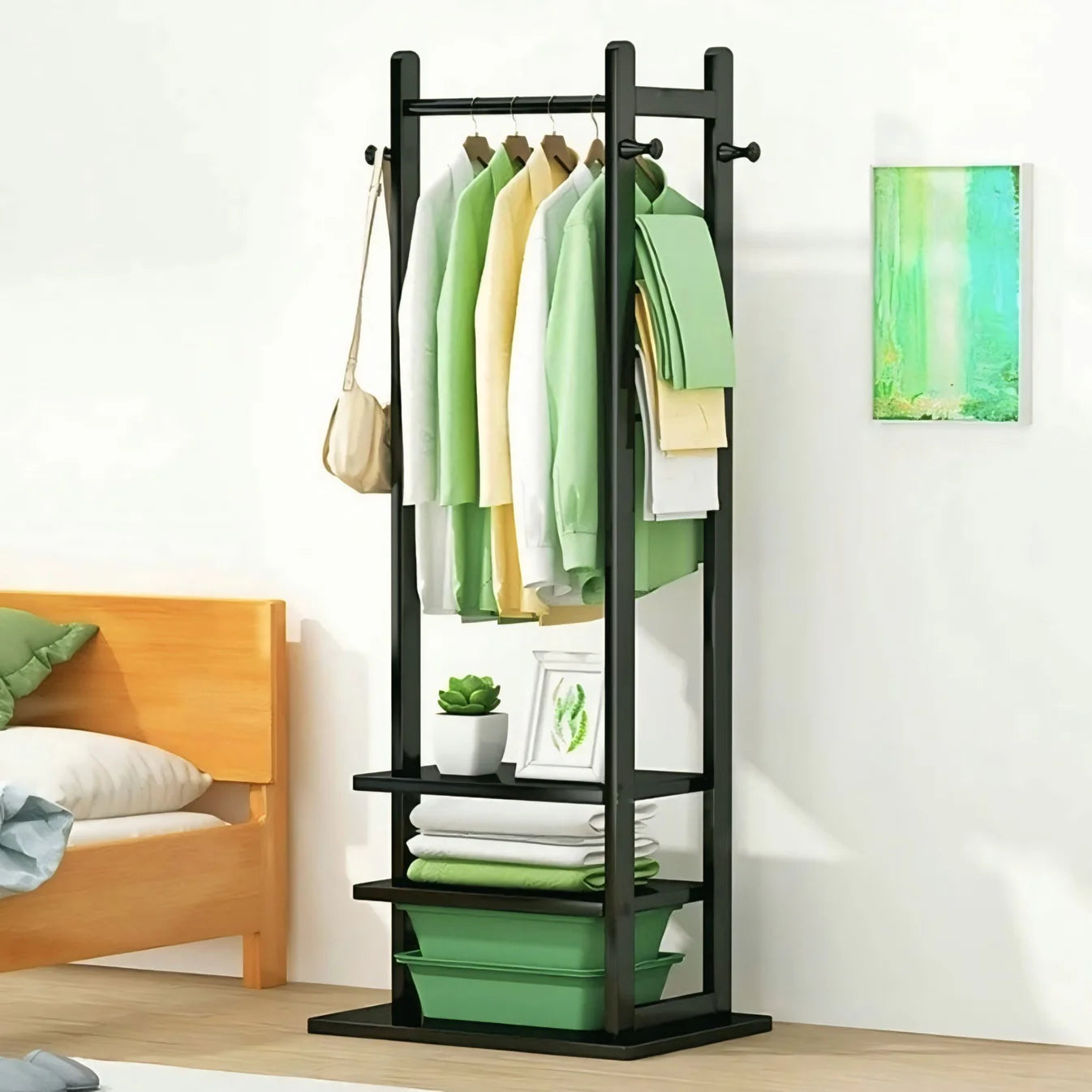 Wooden Multi-Layer Alna with Side Hooks & Double Shelves | Bedroom Cloth Stand