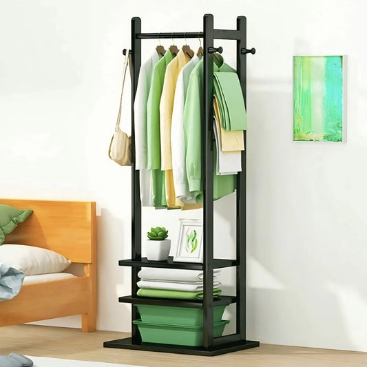 Wooden Multi-Layer Alna with Side Hooks & Double Shelves | Bedroom Cloth Stand