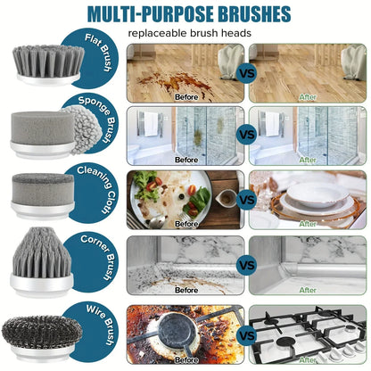 5 in 1 Powerful Electric Cleaning Brush Spin Scrubber Brush Deep Cleaning with 5 Replaceable Heads For Bathroom Kitchen