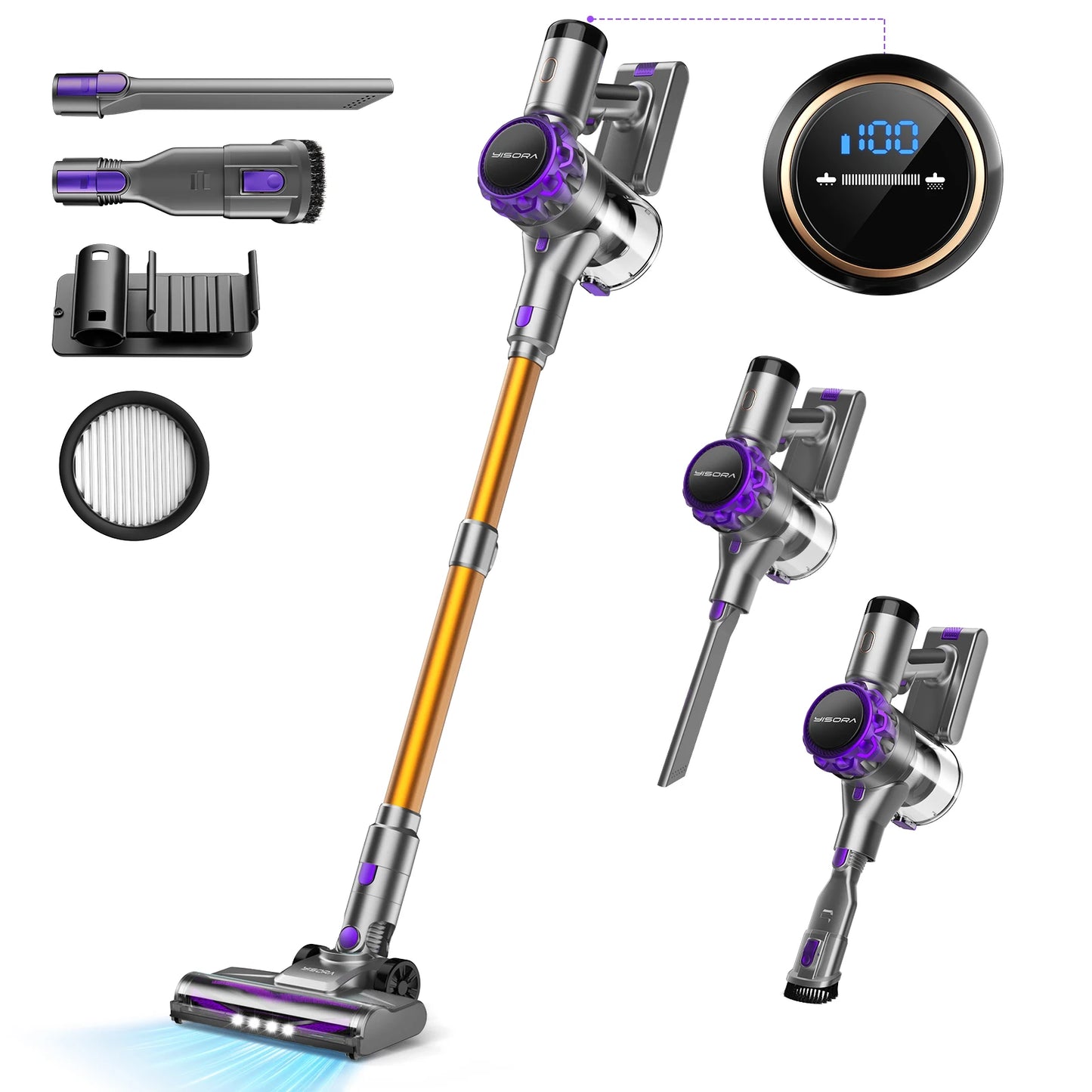 YISORA Cordless Vacuum Cleaner, 28Kpa 55Mins Running Time Wireless Vacuum Cleaner with Touchscreen for Pet Hair, Carpet