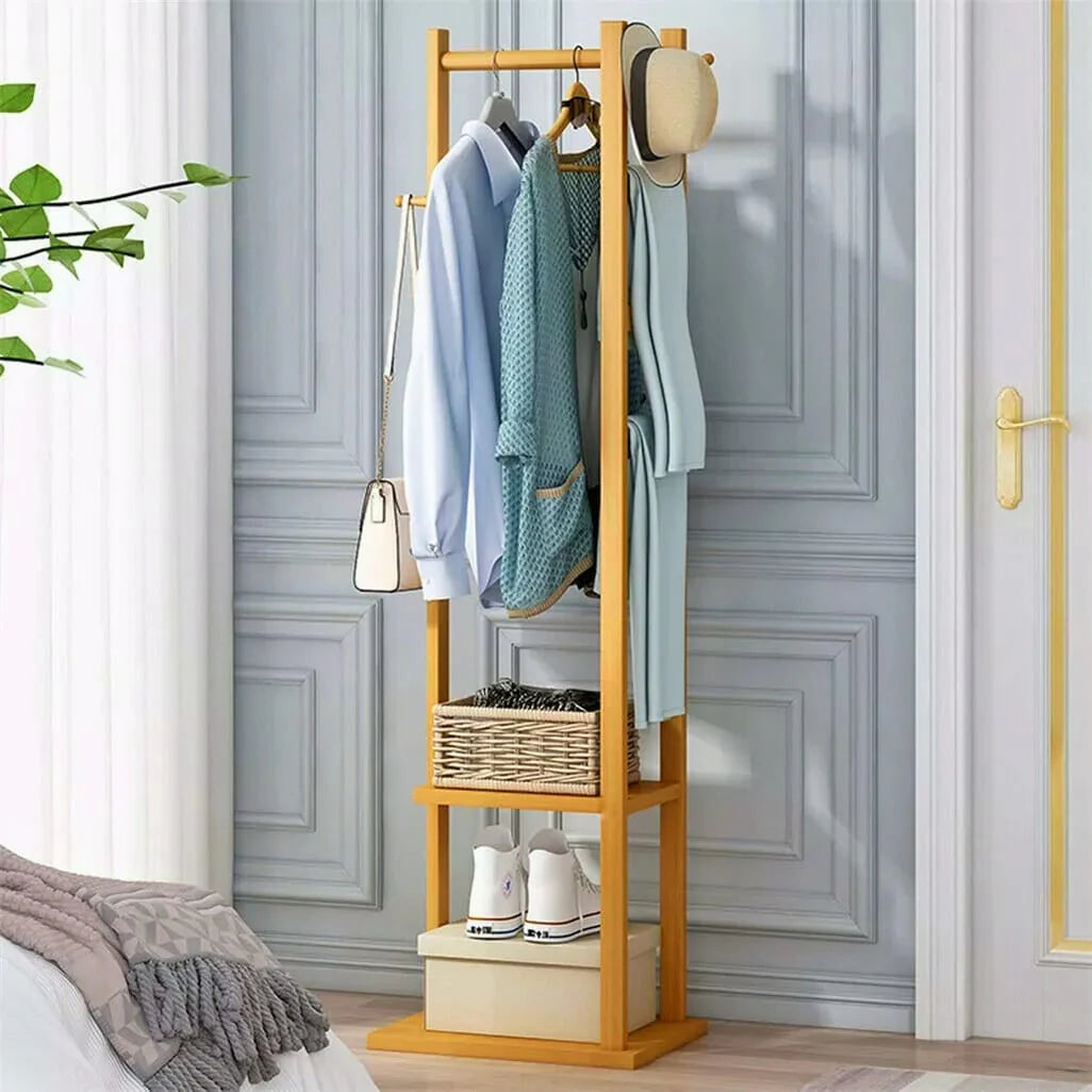 Wooden Multi-Layer Alna with 3 Side Hooks & 2 Shelves – Stylish Bedroom Cloth Stand