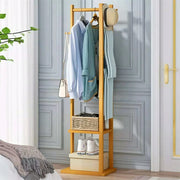 Wooden Multi-Layer Alna with 3 Side Hooks & 2 Shelves – Stylish Bedroom Cloth Stand-IECSM05