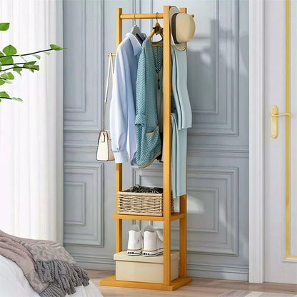 Wooden Multi-Layer Alna with 3 Side Hooks & 2 Shelves – Stylish Bedroom Cloth Stand