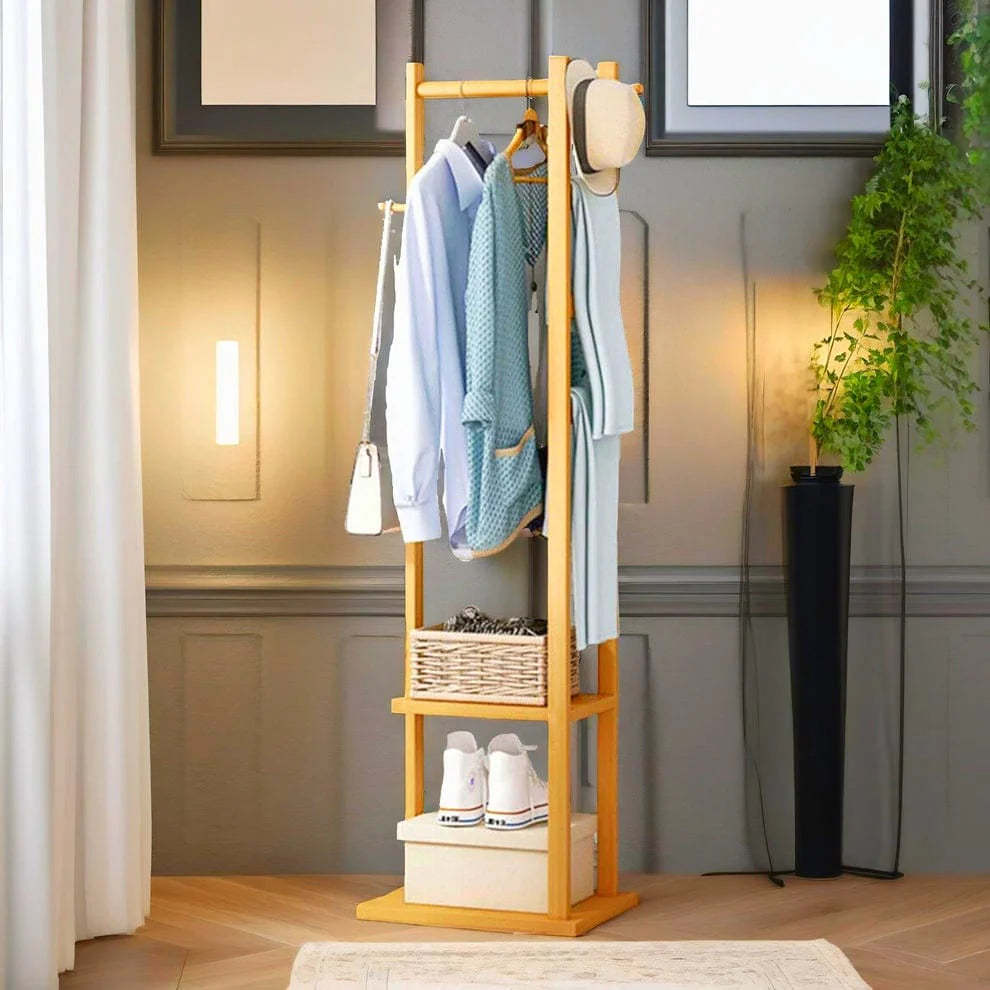 Wooden Multi-Layer Alna with 3 Side Hooks & 2 Shelves – Stylish Bedroom Cloth Stand