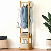 Wooden Multi-Layer Alna with 3 Side Hooks & 2 Shelves – Stylish Bedroom Cloth Stand-IECSM05