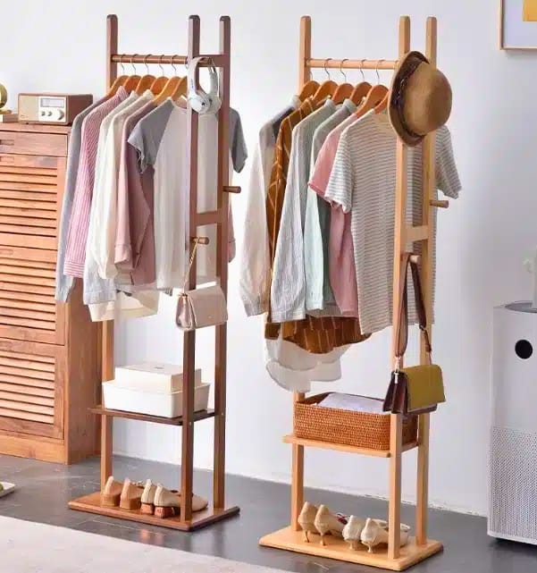 Wooden Multi-Layer Alna with 3 Side Hooks & 2 Shelves – Stylish Bedroom Cloth Stand